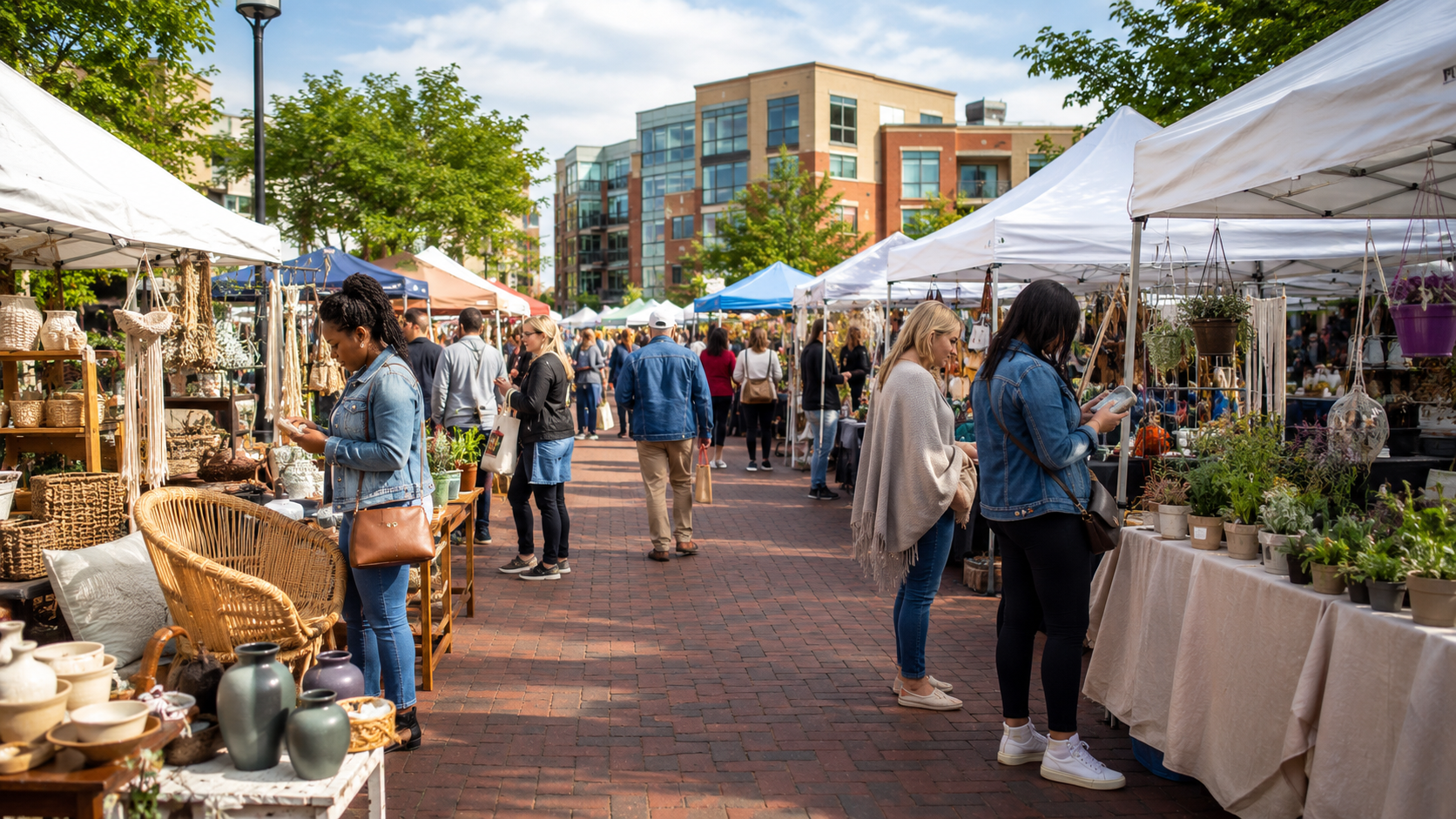 Outdoor flea market with local vendors, decor and plants